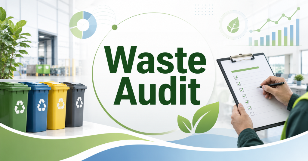 Waste audit team reviewing sorted business waste materials for recycling and ESG reporting