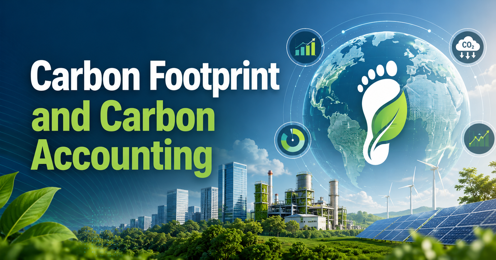 Carbon footprint and carbon accounting concept with green city, factory, solar panels, wind turbines, and ESG data icons.