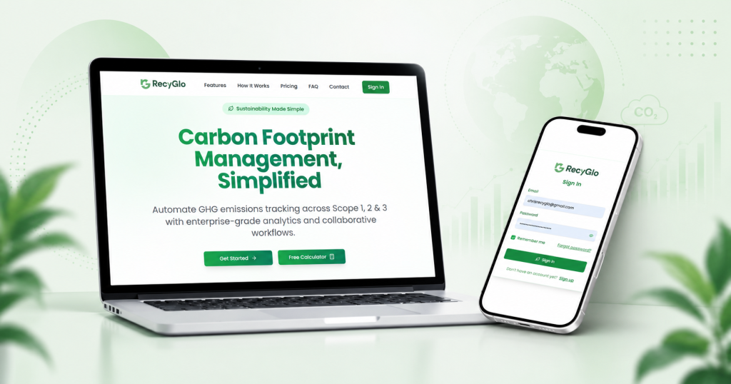 RecyGlo carbon footprint management software shown on laptop and mobile for tracking GHG emissions and ESG data.