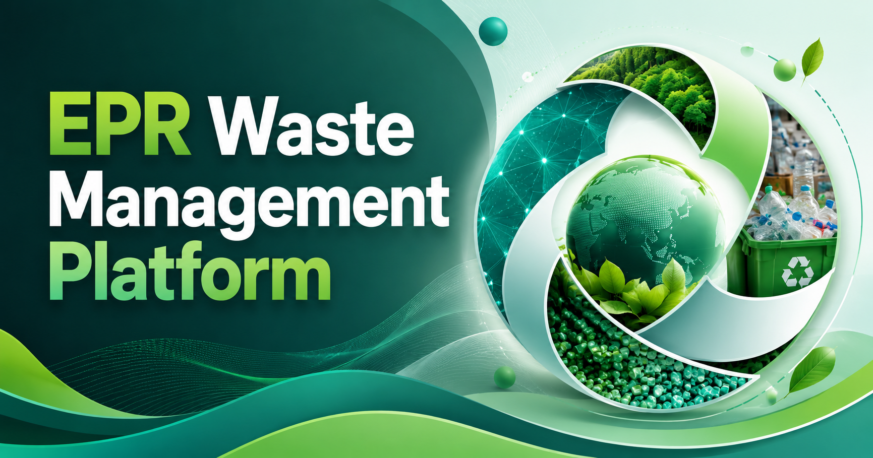 EPR waste management platform visual with recycling symbol, plastic waste, digital data network, and circular economy elements.